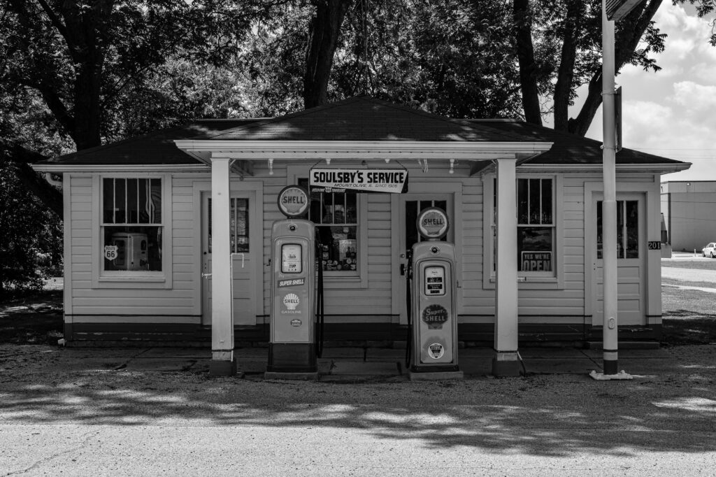 Soulsby Shell station Mount Olive IL black-and-white – another black-and-white view of Soulsby Shell station Mount Olive IL