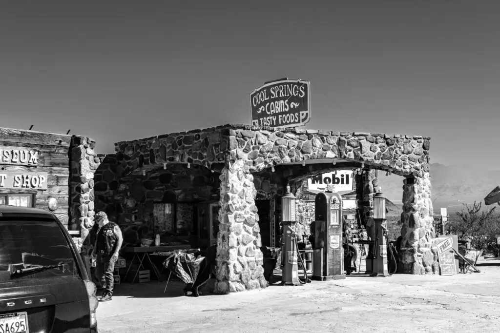 Close-up black-and-white Cool Springs cabins Route 66 Arizona