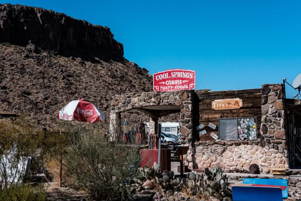 Color photo Cool Springs cabins with desert ridge Route 66 Arizona