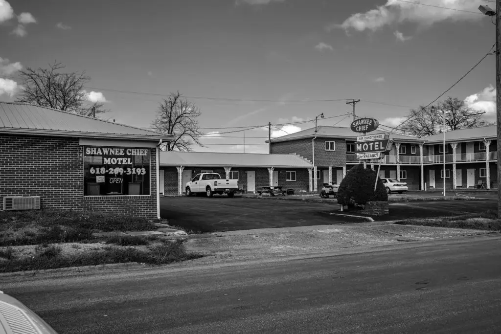 Roadside view of the Shawnee Chief Motel, a mid-century lodge in New Shawneetown Illinois, photographed April 7, 2021
