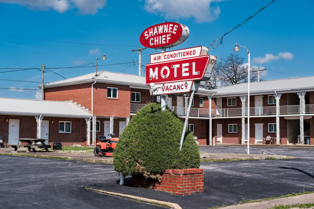 Classic neon sign of the Shawnee Chief Motel in New Shawneetown Illinois, photographed April 7, 2021