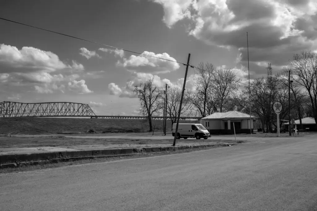 Texaco station with Ohio River Bridge in the background, Old Shawneetown Illinois