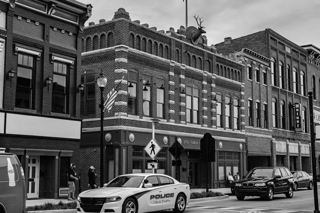 Elks Lodge #1818 in Franklin, Indiana, photographed in 2020 with its historic brick façade.