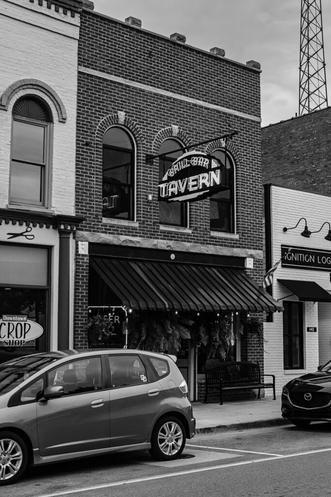 Street view of the Tavern Grill bar in Franklin, Indiana, during summer 2020.