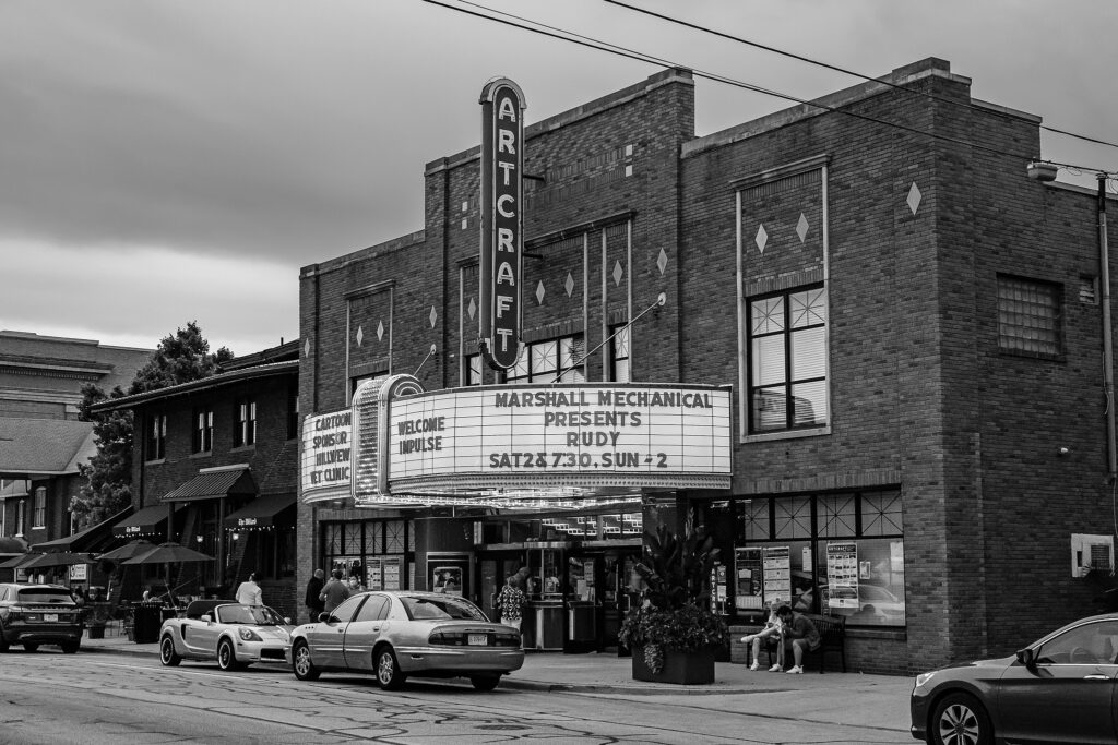 The historic Artcraft Theatre in Franklin, Indiana, photographed in July 2020 with its vintage marquee sign.