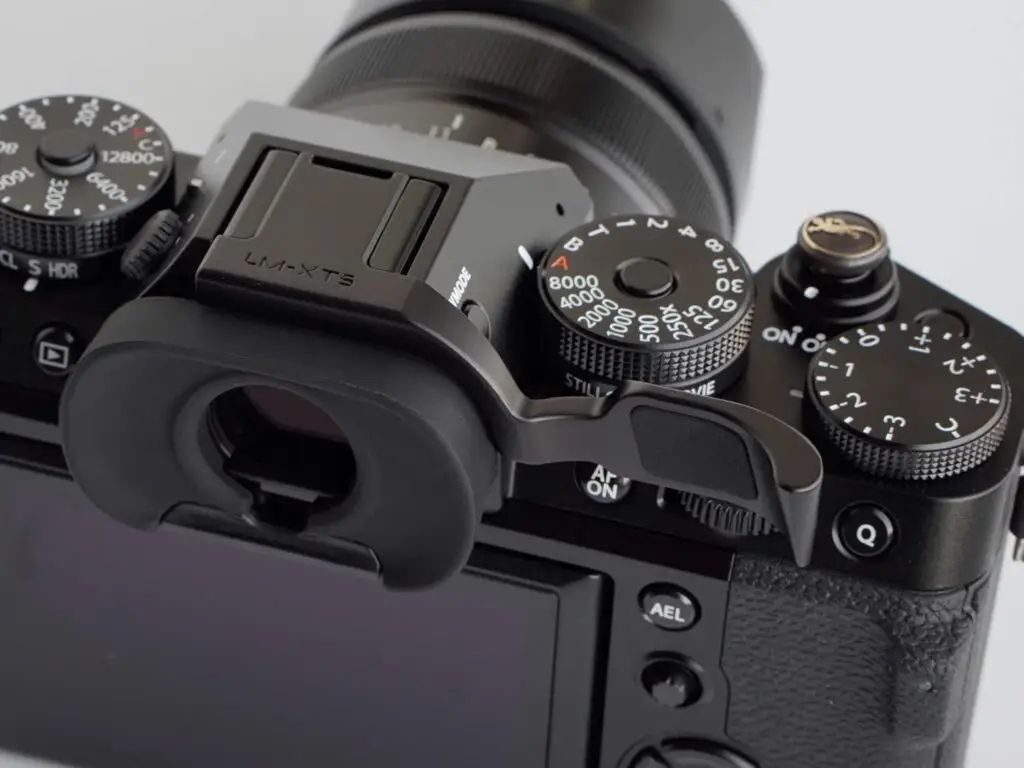 The gear list – black Lensmate thumb grip for Fujifilm X-T5 camera