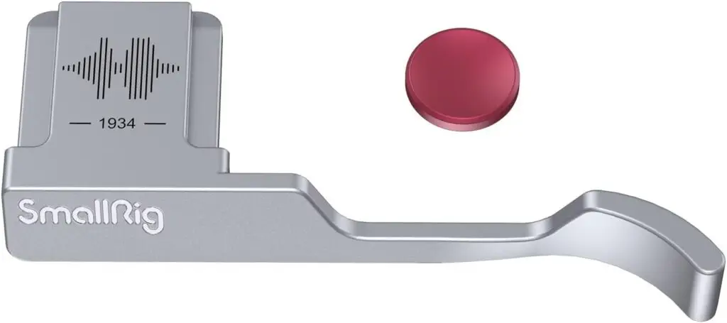 The gear list – silver SmallRig thumb grip for Fujifilm X100VI camera