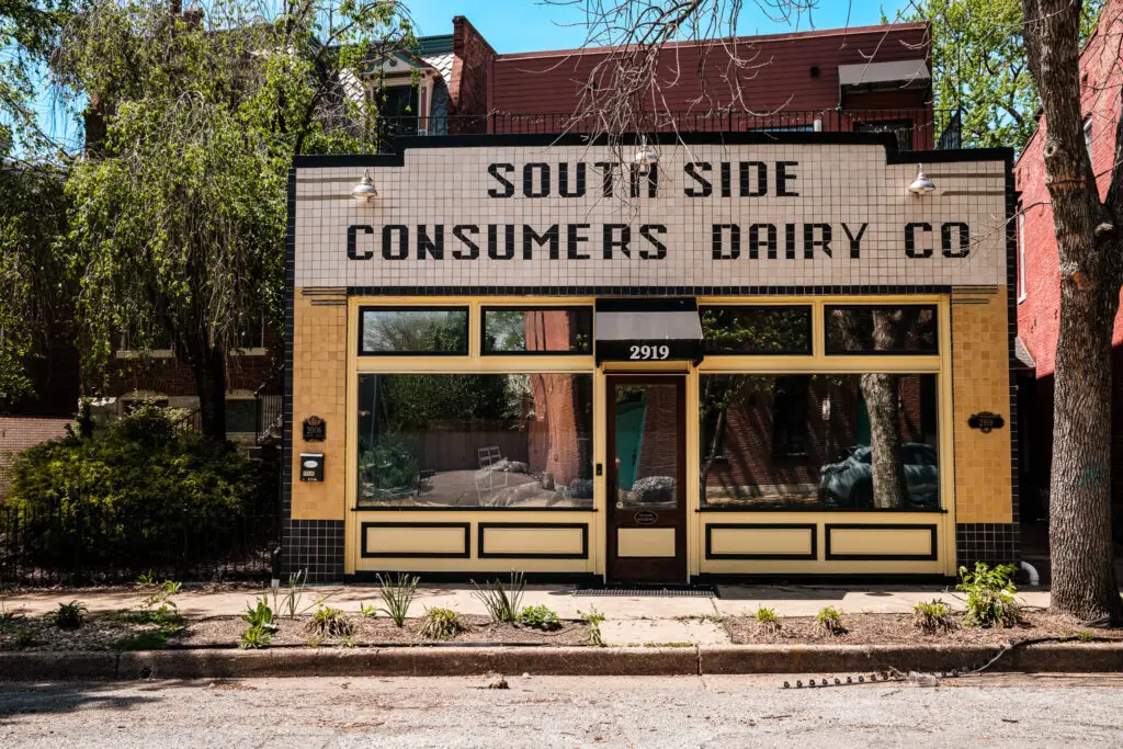 Color frontal view of Southside Consumers Dairy building in St. Louis