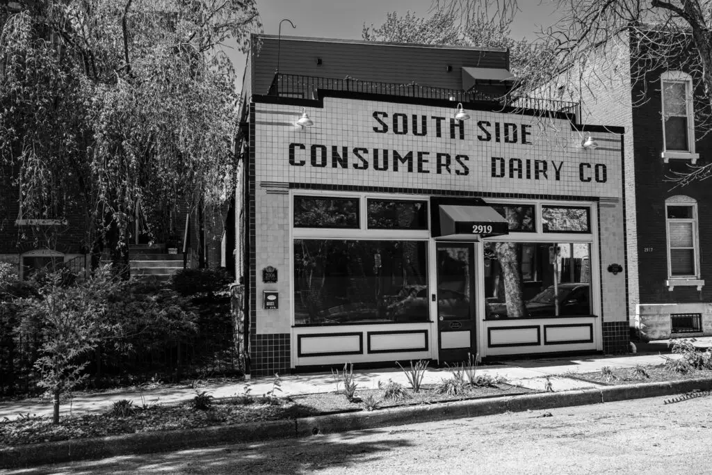 Color frontal view of Southside Consumers Dairy building in St. Louis